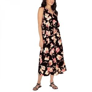 Well Worn Boho Floral V Neck Tie Waist Linen Blend Midi Dress Size XL